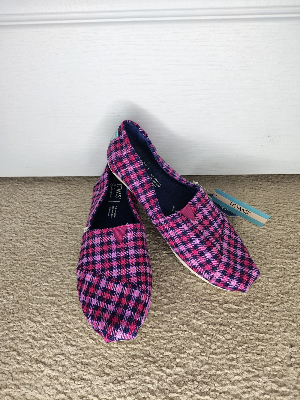 Toms Pink & Navy Plaid Slip-On Flats